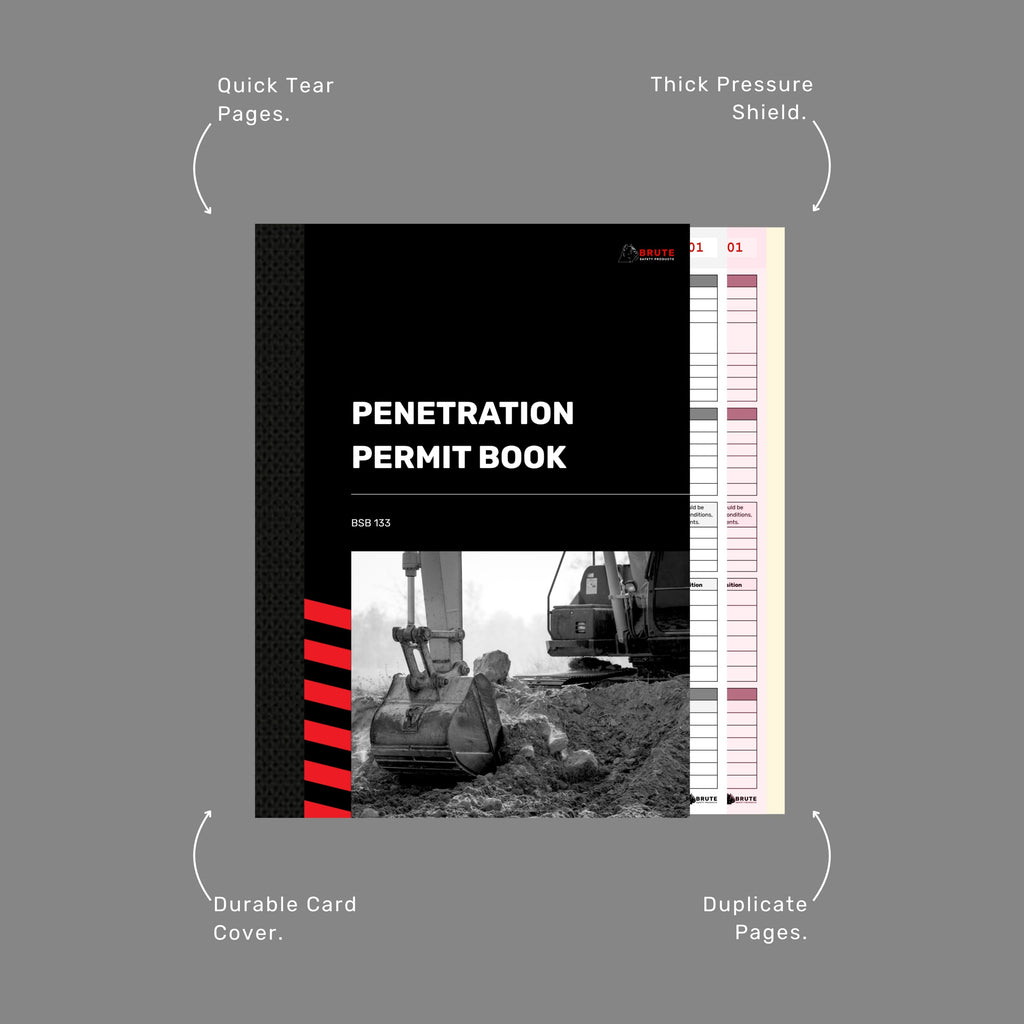 Callout diagram of the Penetration Permit Book highlighting quick tear pages, thick pressure shield, durable card cover and duplicate pages.