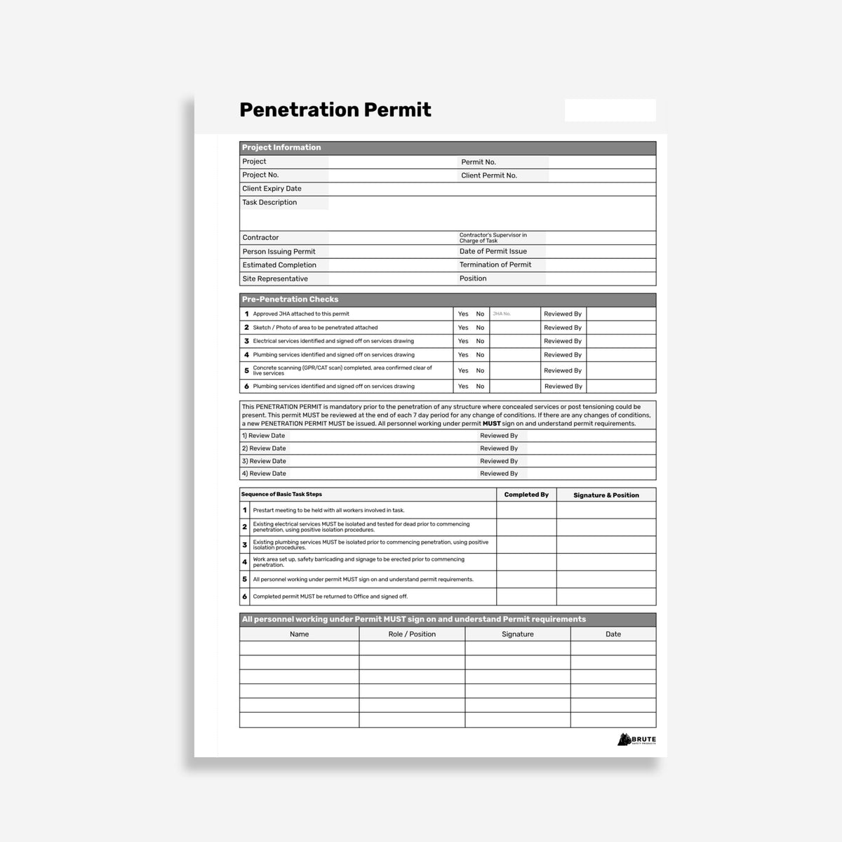 Layflat Penetration Permit showing project information, pre penetration checks, task steps and personnel sign on register.