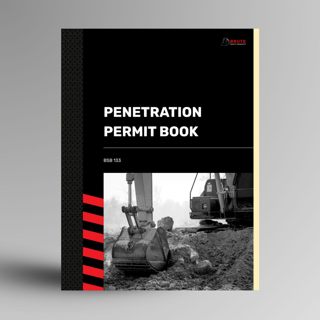 Upright Brute Safety Products Penetration Permit Book with black card cover, excavator bucket photo and BSB133 reference number.