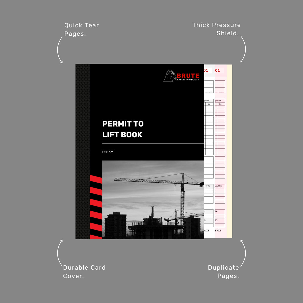 Callout diagram of the Permit to Lift Book highlighting quick tear pages, thick pressure shield, durable card cover and duplicate pages.