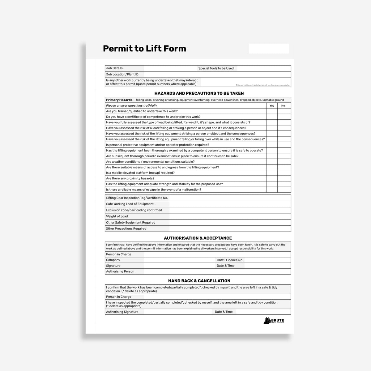 Layflat Permit to Lift Form showing hazard and precaution checklist, lifting gear details and authorisation and hand back sections.