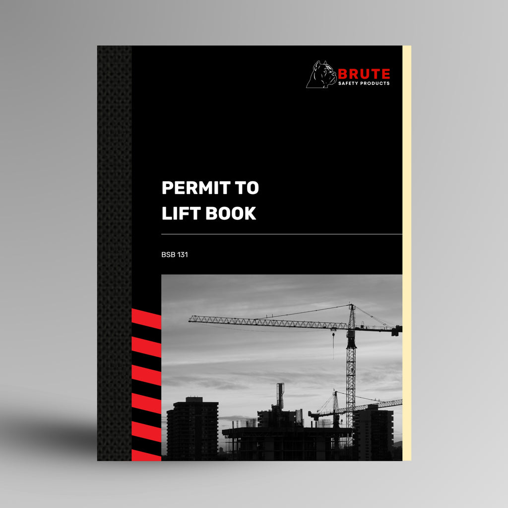 Upright Brute Safety Products Permit to Lift Book with black card cover, crane and construction site photo and BSB131 reference number.