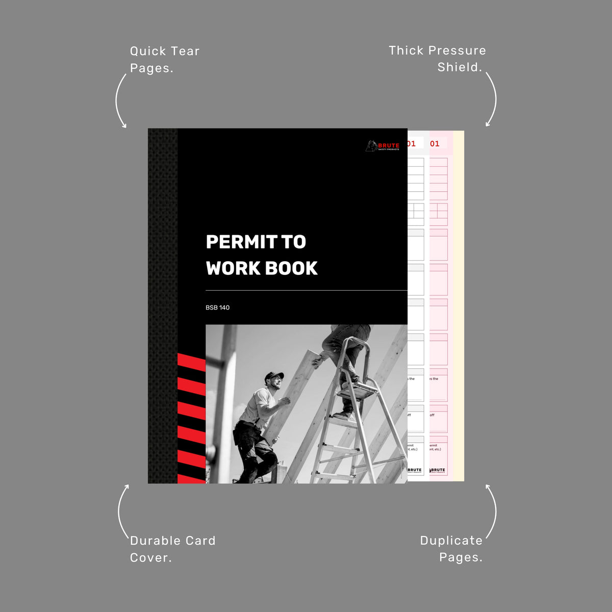 Callout diagram of the Permit to Work Book highlighting quick tear pages, thick pressure shield, durable card cover and duplicate pages.