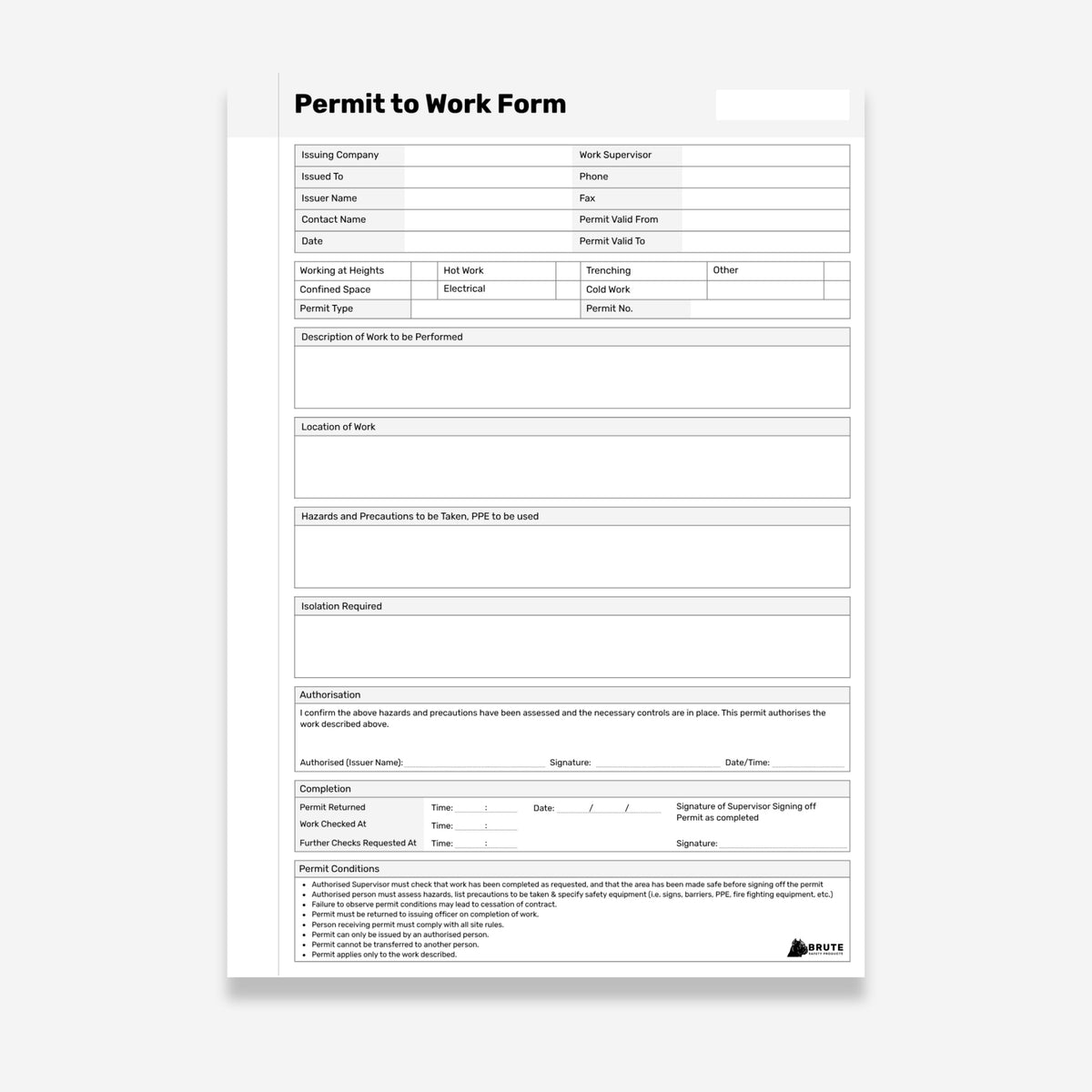 Layflat Permit to Work Form showing permit type selection, description of work, hazards and precautions, isolation, authorisation and completion fields.