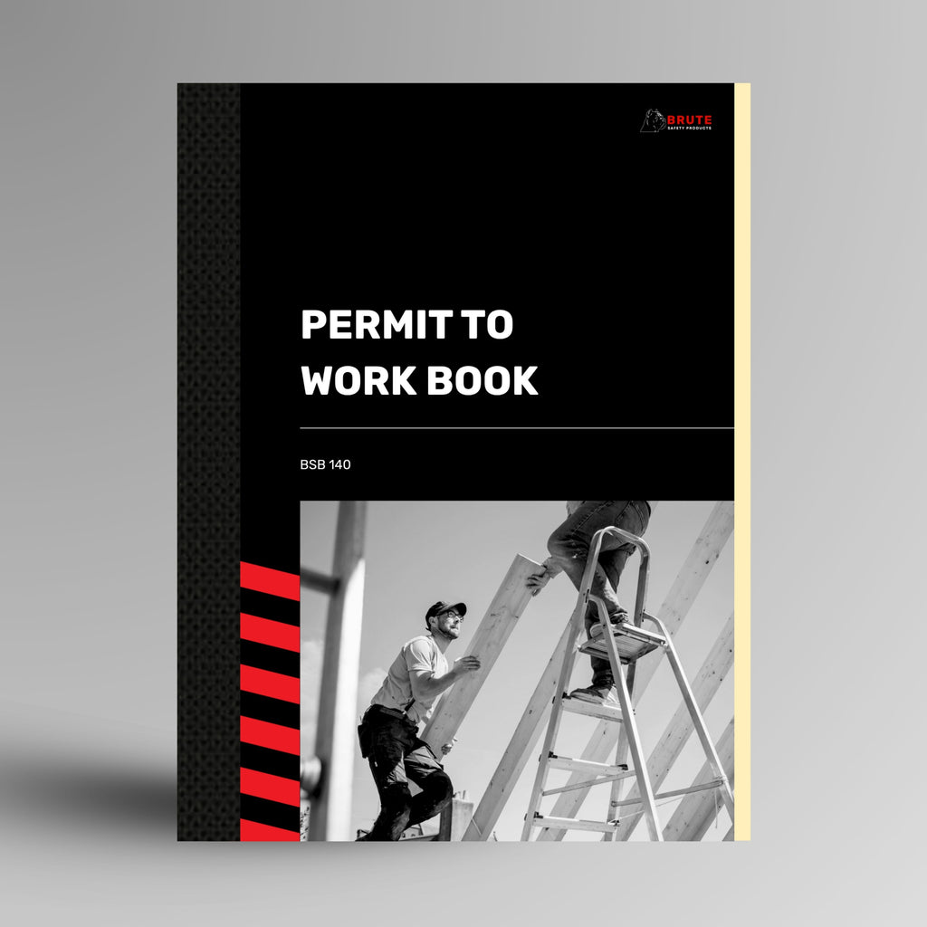 Upright Brute Safety Products Permit to Work Book with black card cover, workers on a ladder photo and BSB140 reference number.