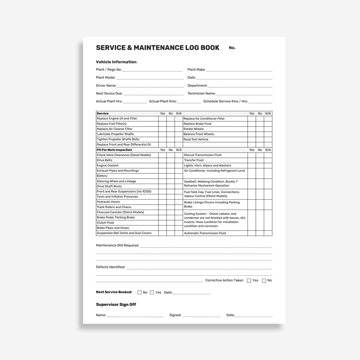 Internal form page of the Brute Safety BSB 117 Service and Maintenance Log Book showing vehicle information fields, service checklist, fit for work inspection table and supervisor sign off section.