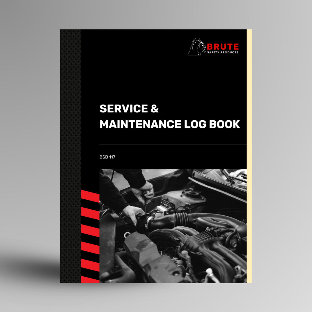 Brute Safety BSB 117 Service and Maintenance Log Book with black card cover, red stripe spine detail and duplicate carbonless pages, standing upright on a grey background.