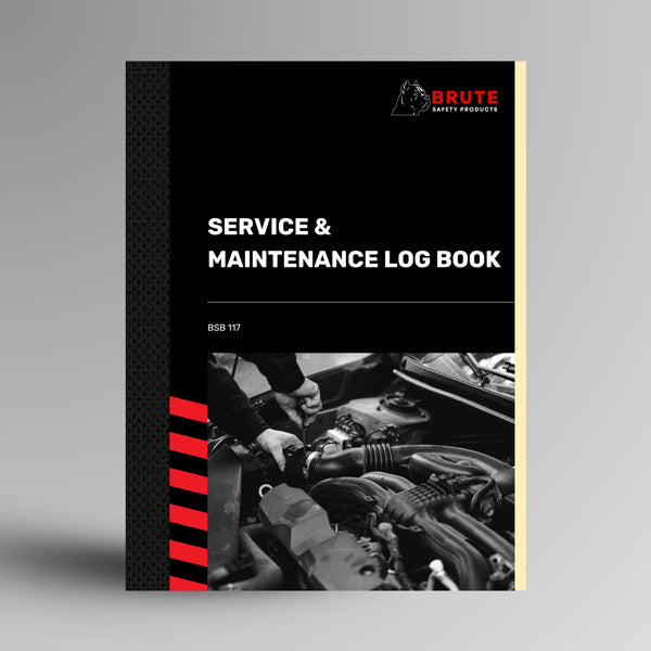 Brute Safety BSB 117 Service and Maintenance Log Book with black card cover, red stripe spine detail and duplicate carbonless pages, standing upright on a grey background.
