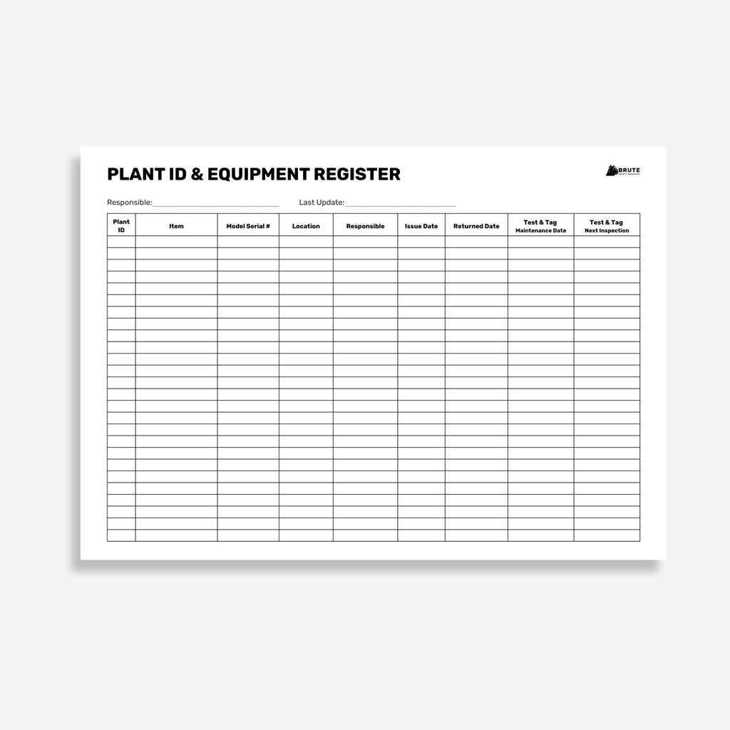 Internal form page of the Brute Safety BSB 118 Plant ID and Equipment Register Book showing plant identification fields, equipment details and registration columns.