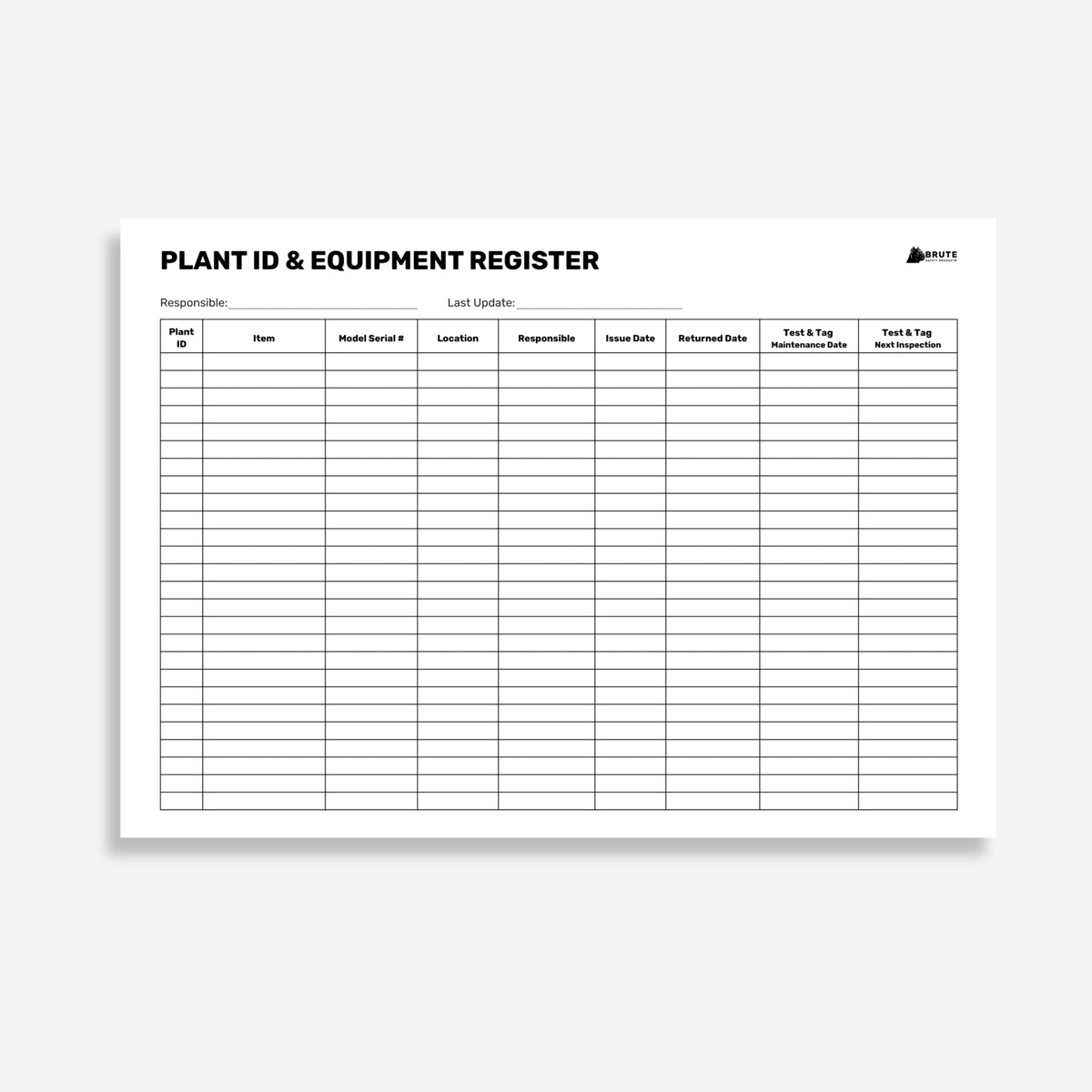 Internal form page of the Brute Safety BSB 118 Plant ID and Equipment Register Book showing plant identification fields, equipment details and registration columns.
