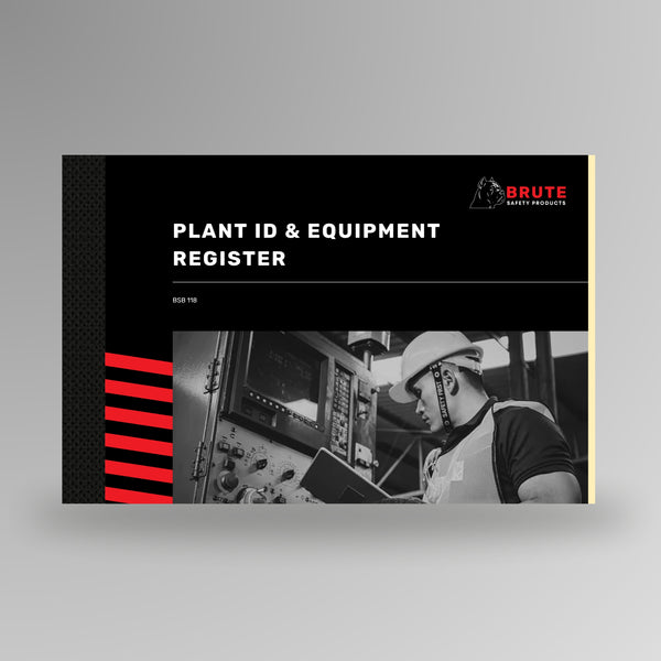Brute Safety BSB 118 Plant ID and Equipment Register Book with black card cover and red stripe spine detail, standing upright on a grey background.