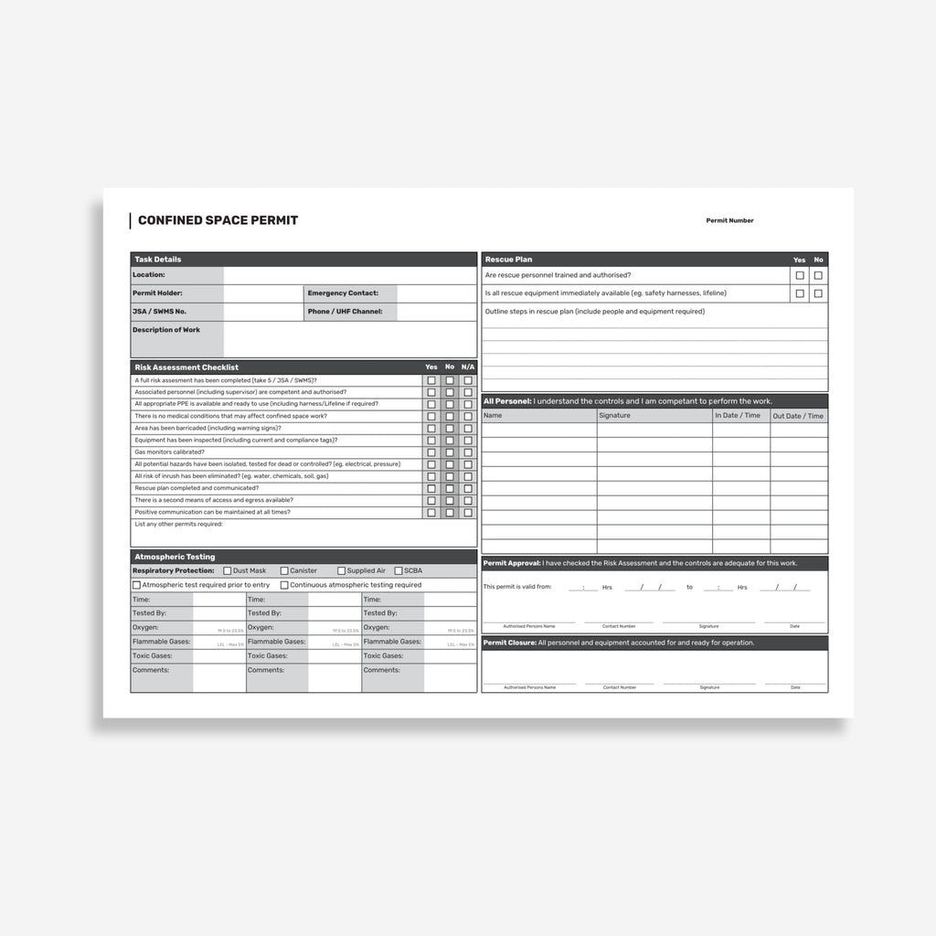Internal form page of the Brute Safety BSB 119 Confined Space Permit Book showing entry permit fields, hazard identification, atmospheric testing records and authorisation sign off sections.