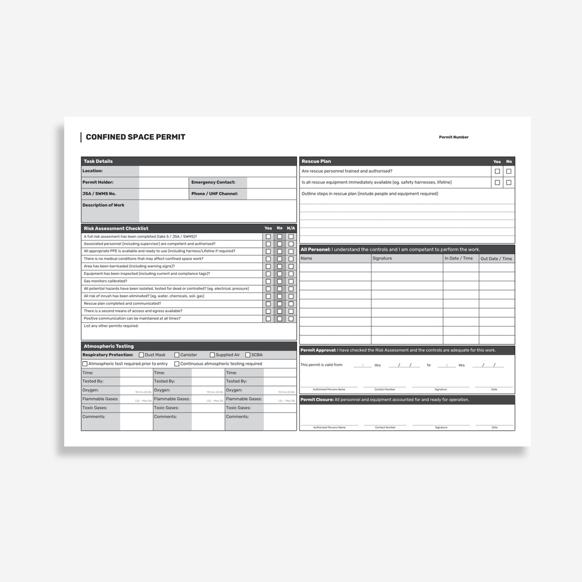 Internal form page of the Brute Safety BSB 119 Confined Space Permit Book showing entry permit fields, hazard identification, atmospheric testing records and authorisation sign off sections.