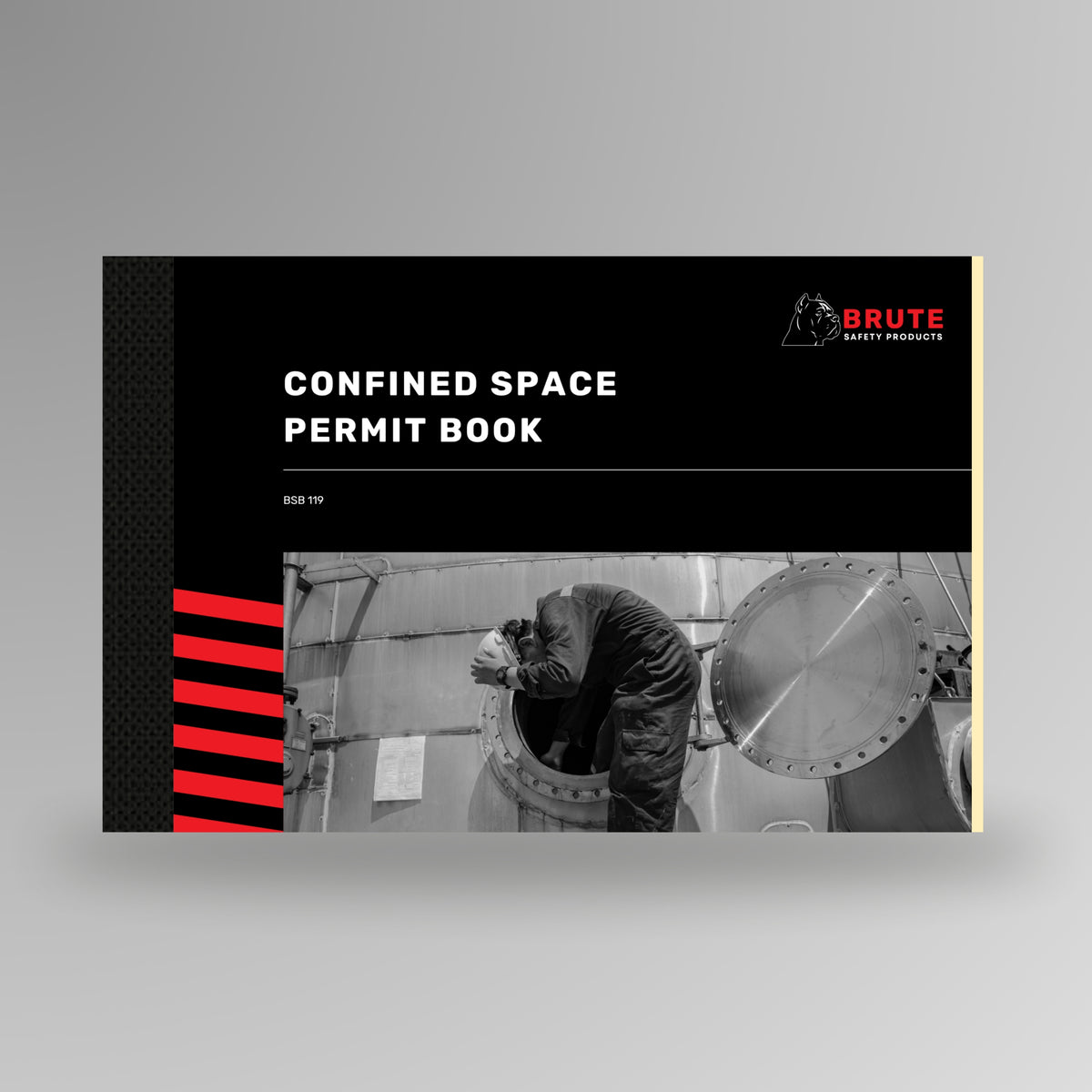Brute Safety BSB 119 Confined Space Permit Book with black card cover and red stripe spine detail, standing upright on a grey background.