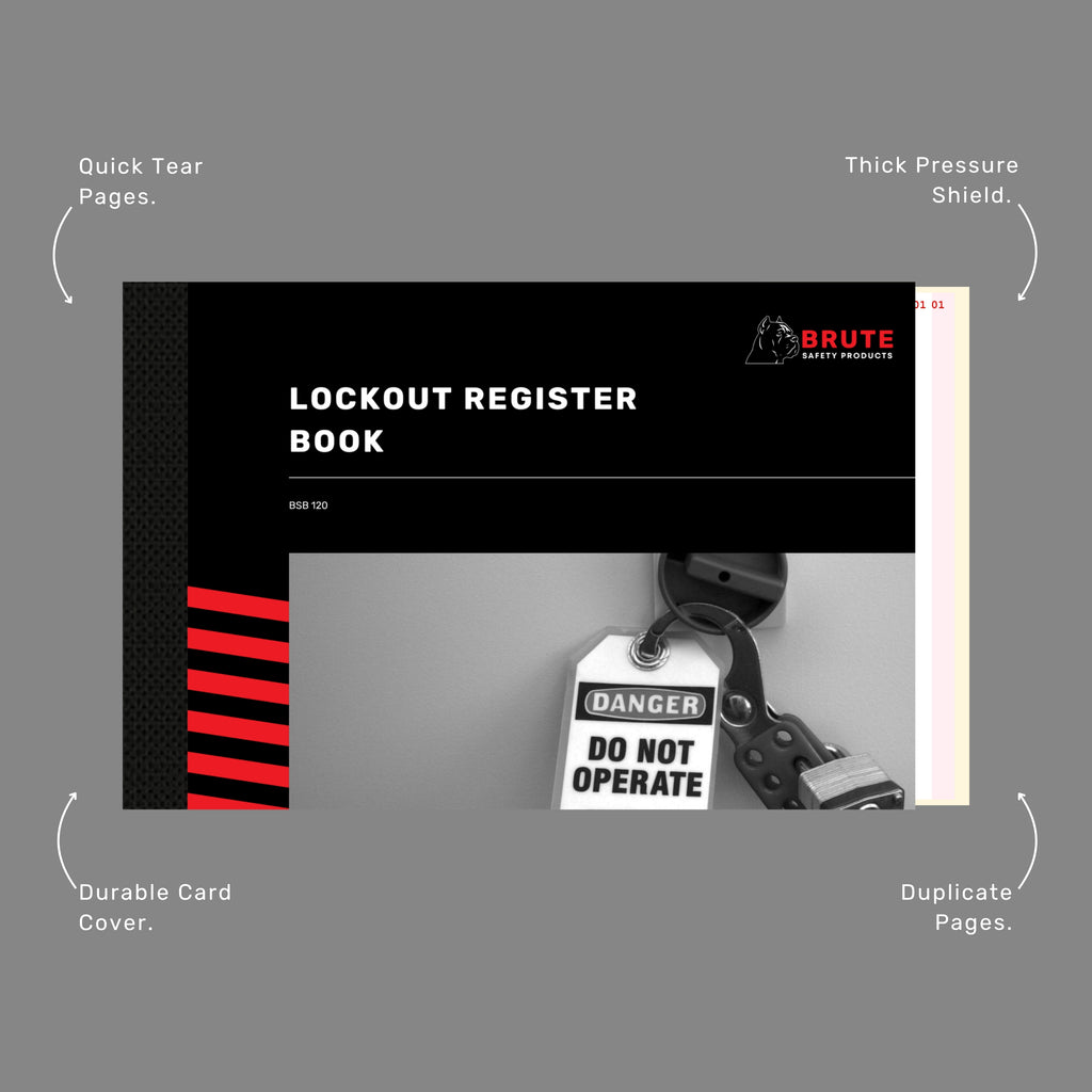 Brute Safety BSB 120 Lockout Register Book with callout labels highlighting quick tear pages, thick pressure shield, duplicate pages and durable card cover.