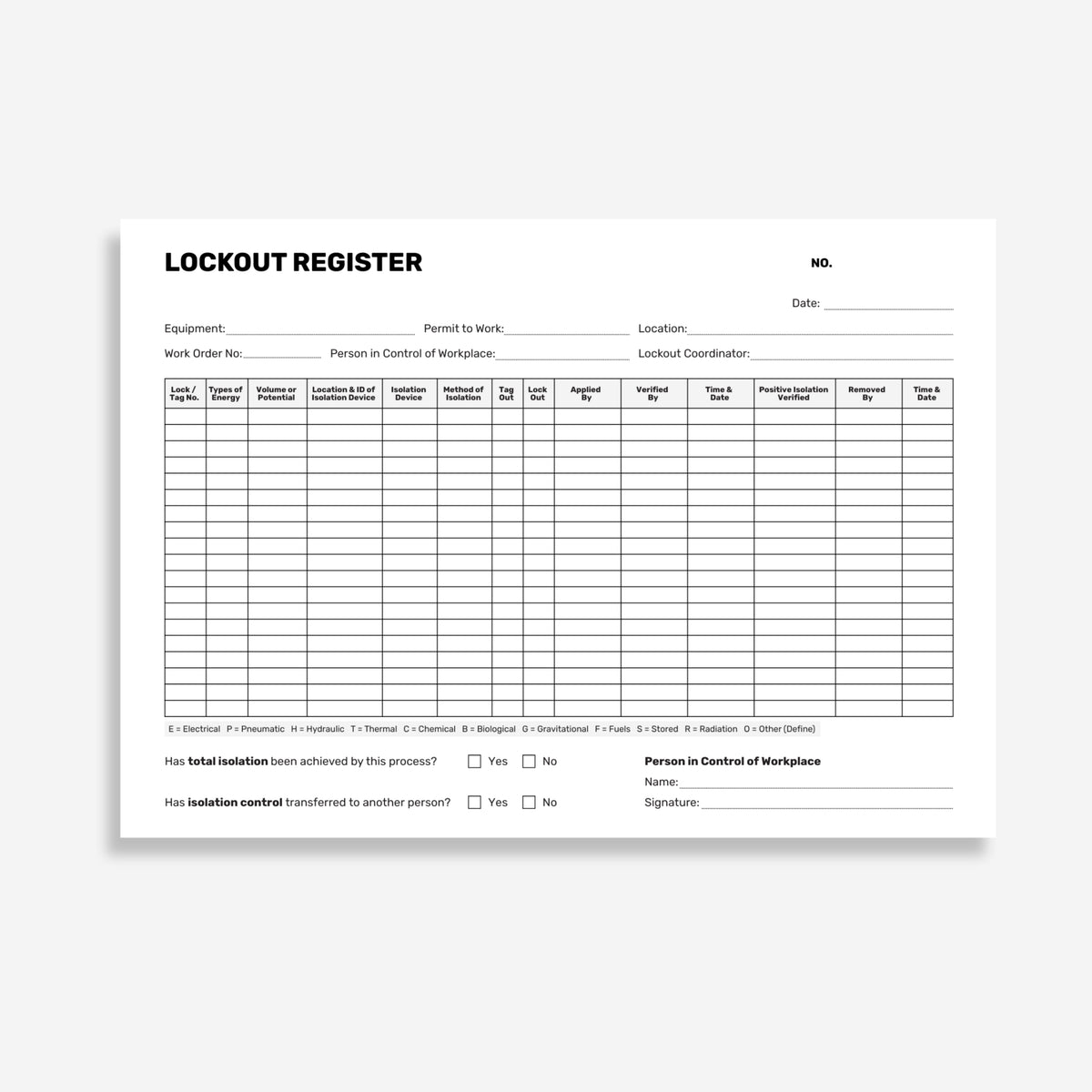 Internal form page of the Brute Safety BSB 120 Lockout Register Book showing lockout tagout record fields, isolation point details, personnel sign in and out columns and authorisation sections.