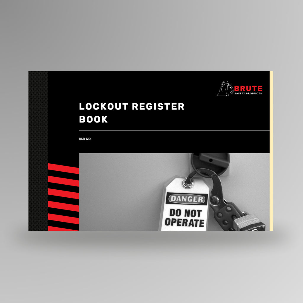 Brute Safety BSB 120 Lockout Register Book with black card cover and red stripe spine detail, standing upright on a grey background.