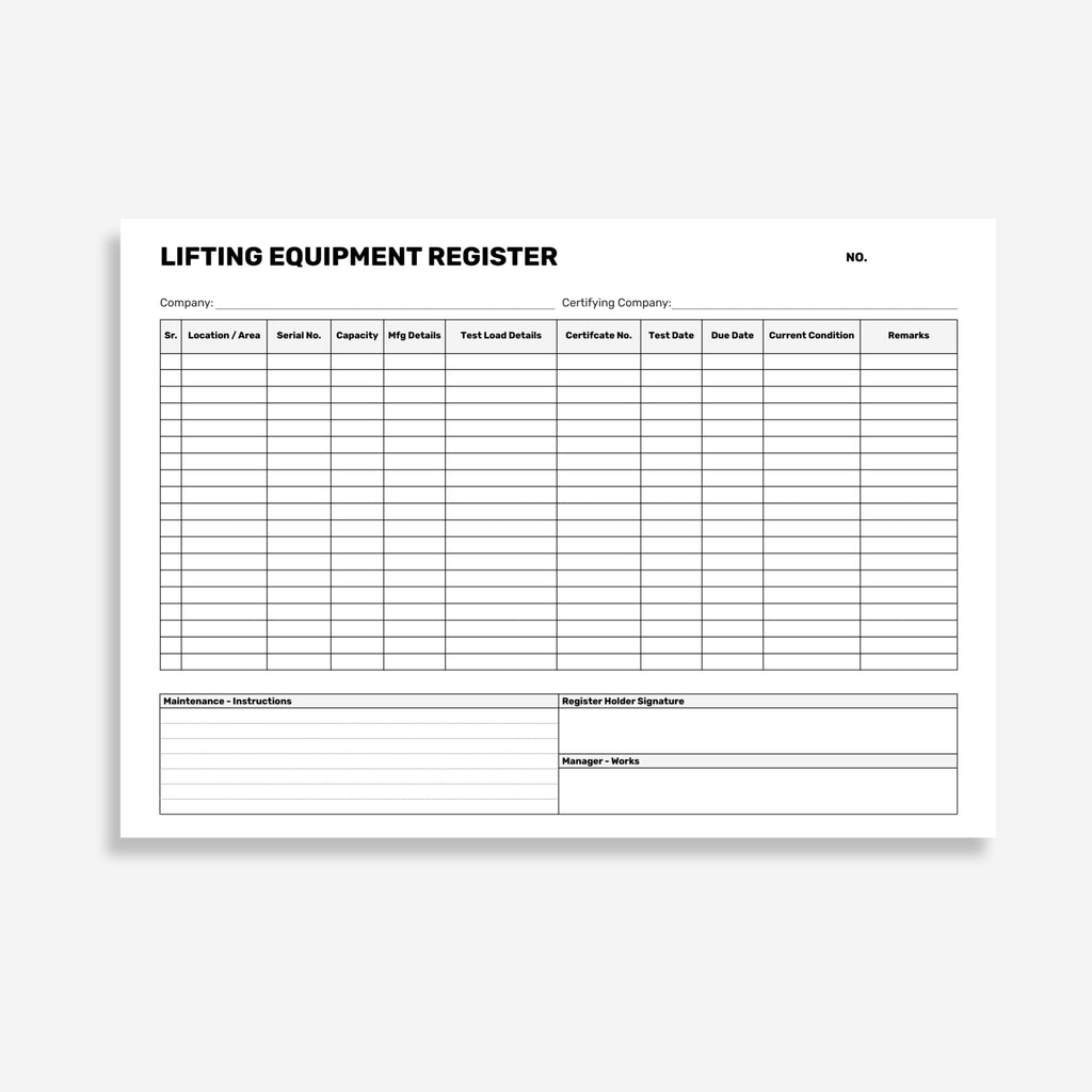 Internal form page of the Brute Safety BSB 121 Lifting Equipment Register Book showing lifting gear identification fields, safe working load columns, inspection dates and certifier sign off sections.