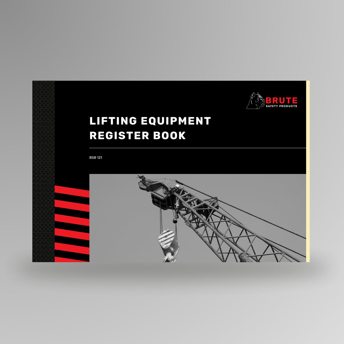 Brute Safety BSB 121 Lifting Equipment Register Book with black card cover and red stripe spine detail, standing upright on a grey background.