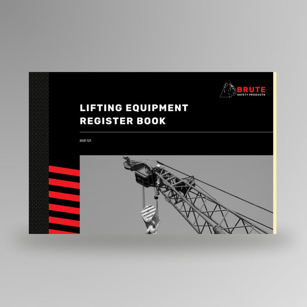 Brute Safety BSB 121 Lifting Equipment Register Book with black card cover and red stripe spine detail, standing upright on a grey background.