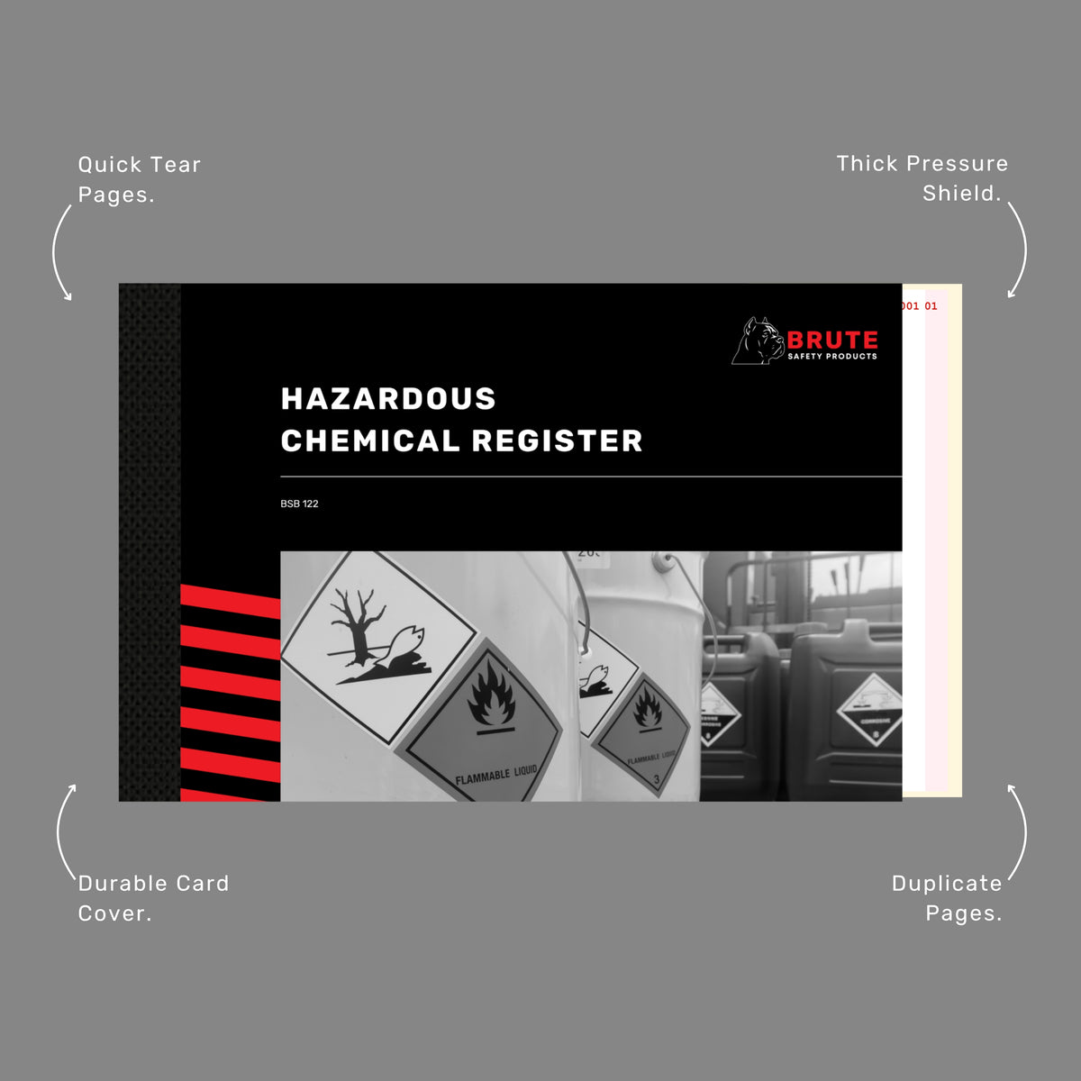 Brute Safety BSB 122 Hazardous Chemical Storage Record Book with callout labels highlighting quick tear pages, thick pressure shield, duplicate pages and durable card cover.
