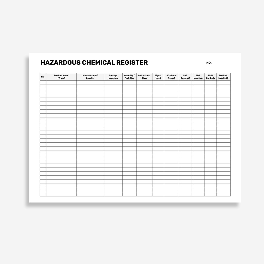 Internal form page of the Brute Safety BSB 122 Hazardous Chemical Storage Record Book showing chemical identification fields, storage location details, SDS reference columns and responsible person sign off sections.