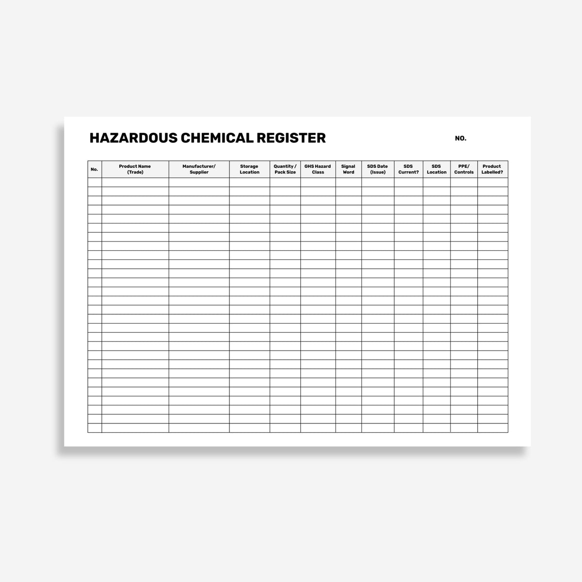 Internal form page of the Brute Safety BSB 122 Hazardous Chemical Storage Record Book showing chemical identification fields, storage location details, SDS reference columns and responsible person sign off sections.