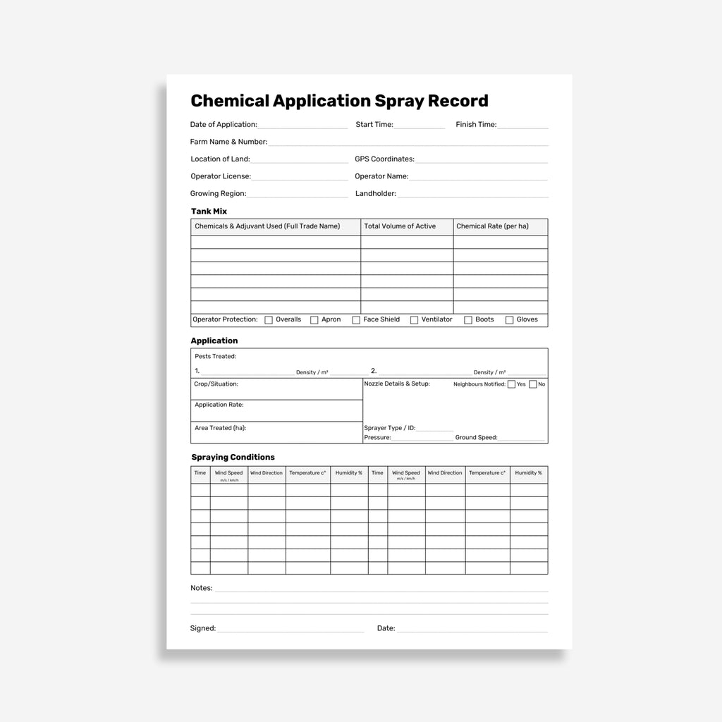 Internal form page of the Brute Safety BSB 123 Chemical Application Spray Record Book showing application date fields, chemical product details, target area, operator details, weather conditions and withholding period columns.