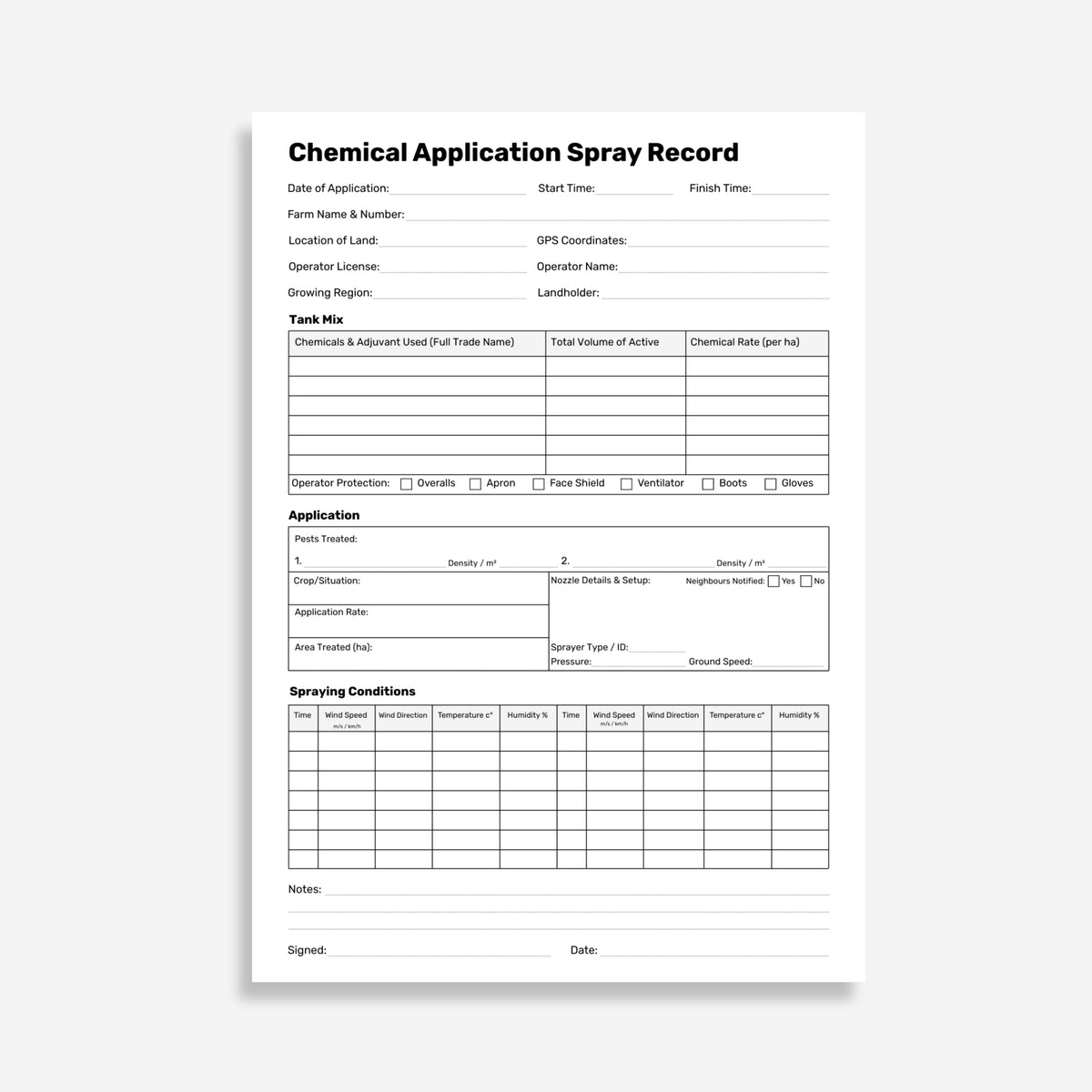 Internal form page of the Brute Safety BSB 123 Chemical Application Spray Record Book showing application date fields, chemical product details, target area, operator details, weather conditions and withholding period columns.