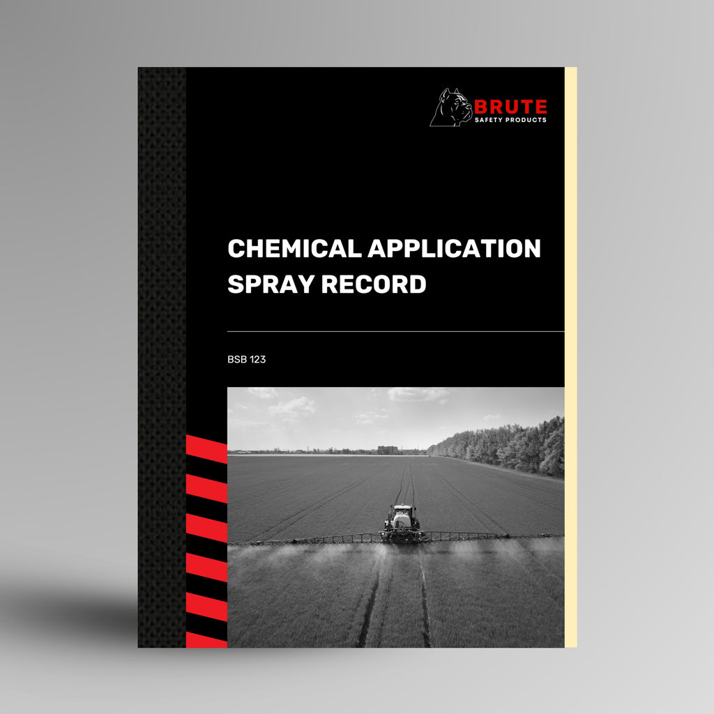 Brute Safety BSB 123 Chemical Application Spray Record Book with black card cover and red stripe spine detail, standing upright on a grey background.