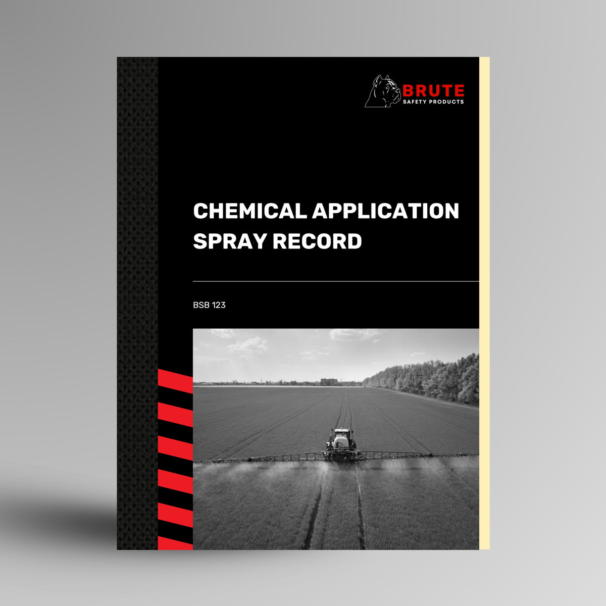 Brute Safety BSB 123 Chemical Application Spray Record Book with black card cover and red stripe spine detail, standing upright on a grey background.
