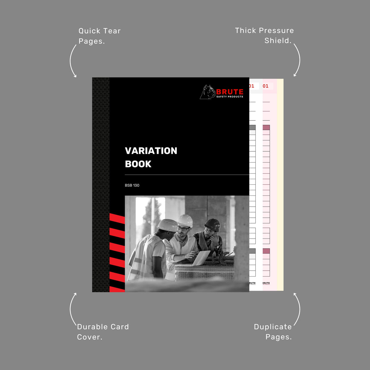 Callout diagram of the Variation Book highlighting quick tear pages, thick pressure shield, durable card cover and duplicate pages.