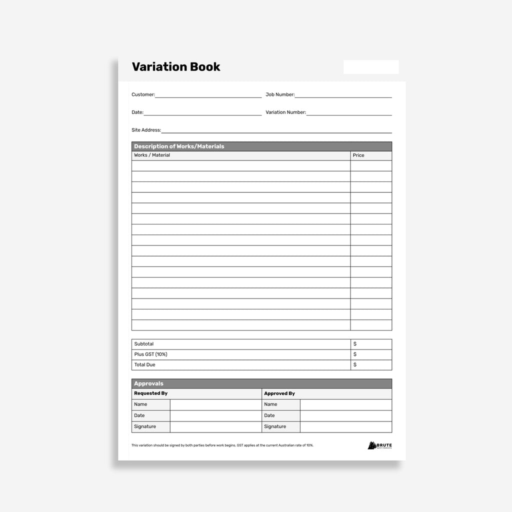Layflat page from the Variation Book showing customer, job number and works description fields with subtotal, GST and approval signature sections.