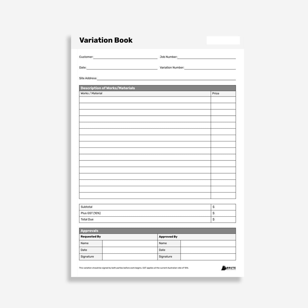 Layflat page from the Variation Book showing customer, job number and works description fields with subtotal, GST and approval signature sections.