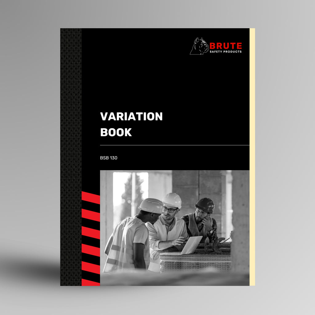 Upright Brute Safety Products Variation Book with black card cover, construction site photo and BSB130 reference number.