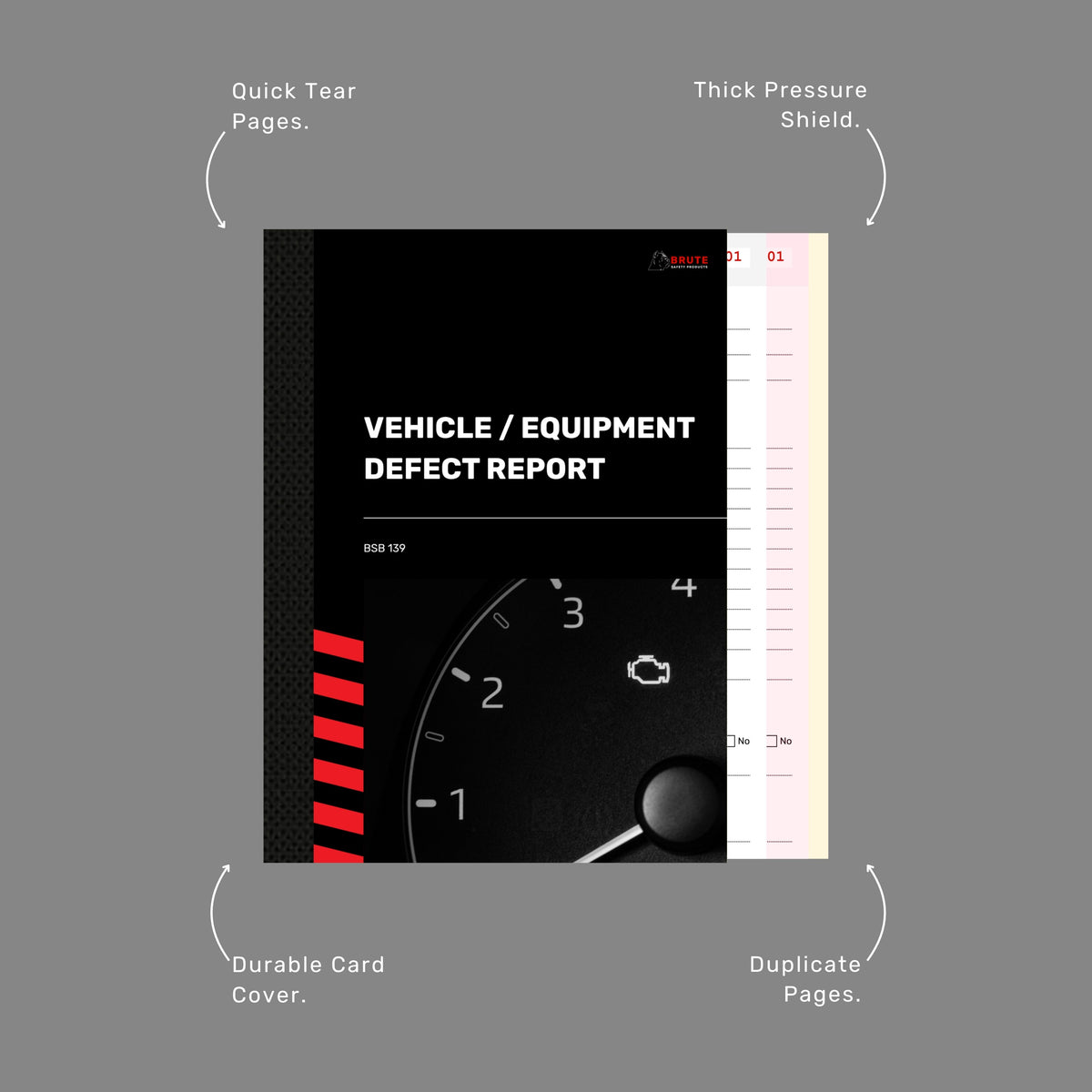 Callout diagram of the Vehicle and Equipment Defect Report Book highlighting quick tear pages, thick pressure shield, durable card cover and duplicate pages.