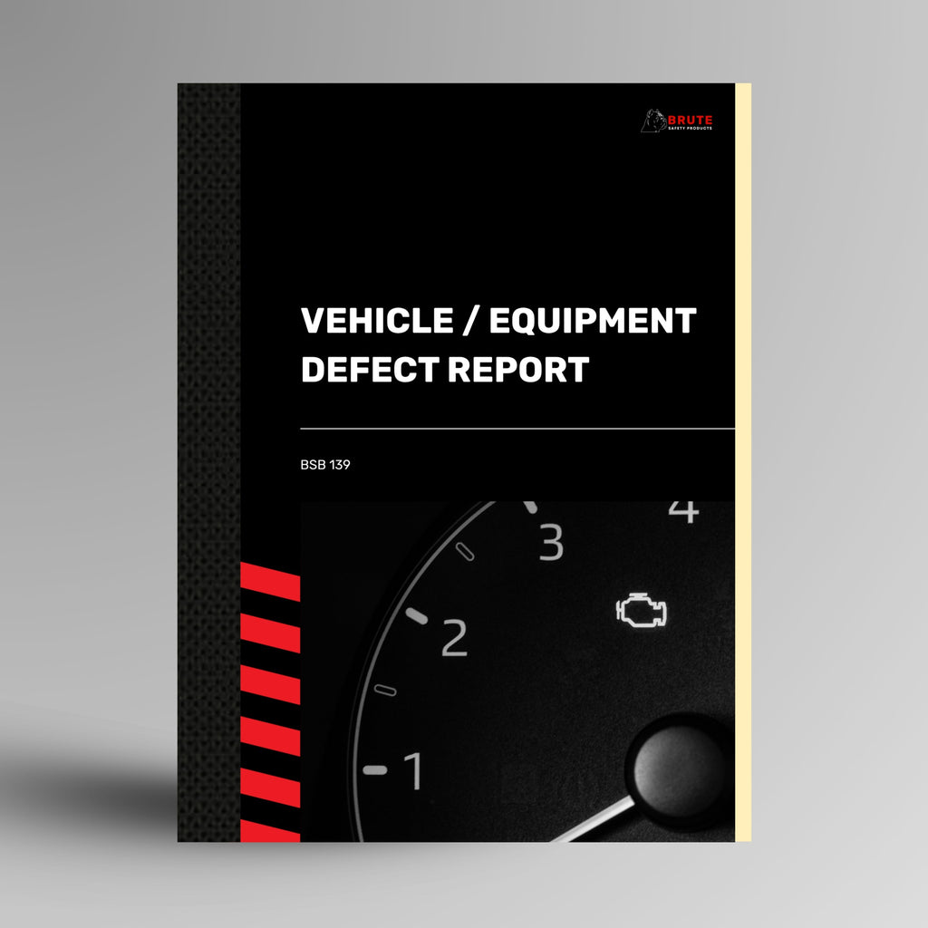 Upright Brute Safety Products Vehicle and Equipment Defect Report Book with black card cover, vehicle dashboard warning light photo and BSB139 reference number.