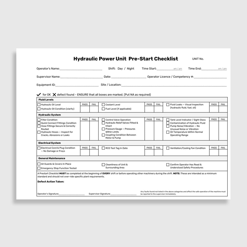 Internal page of the BSB 077 Hydraulic Power Unit Pre-Start Checklist Book showing pass and fail check fields for fluid levels including hydraulic oil level, coolant level and fluid leaks, hydraulic system checks including filter condition, hose fittings, control valve operation and pressure gauge, electrical system checks including RCD test tag and ventilation fan condition, general maintenance items, defect action taken field, and operator and supervisor signature fields.