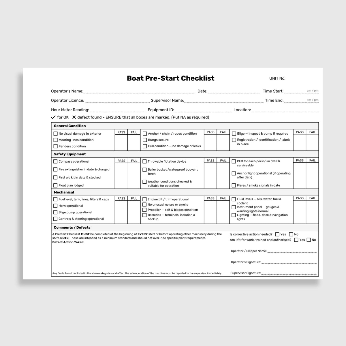 Internal page of the BSB 078 Boat Pre-Start Checklist Book showing pass and fail check fields for general condition including hull condition, mooring lines and bilge inspection, safety equipment including compass, fire extinguisher, first aid kit, throwable flotation device and PFDs, mechanical checks including fuel level, bilge pump, propeller condition, engine tilt and instrument panel, plus comments and defects section with operator and supervisor signature fields.
