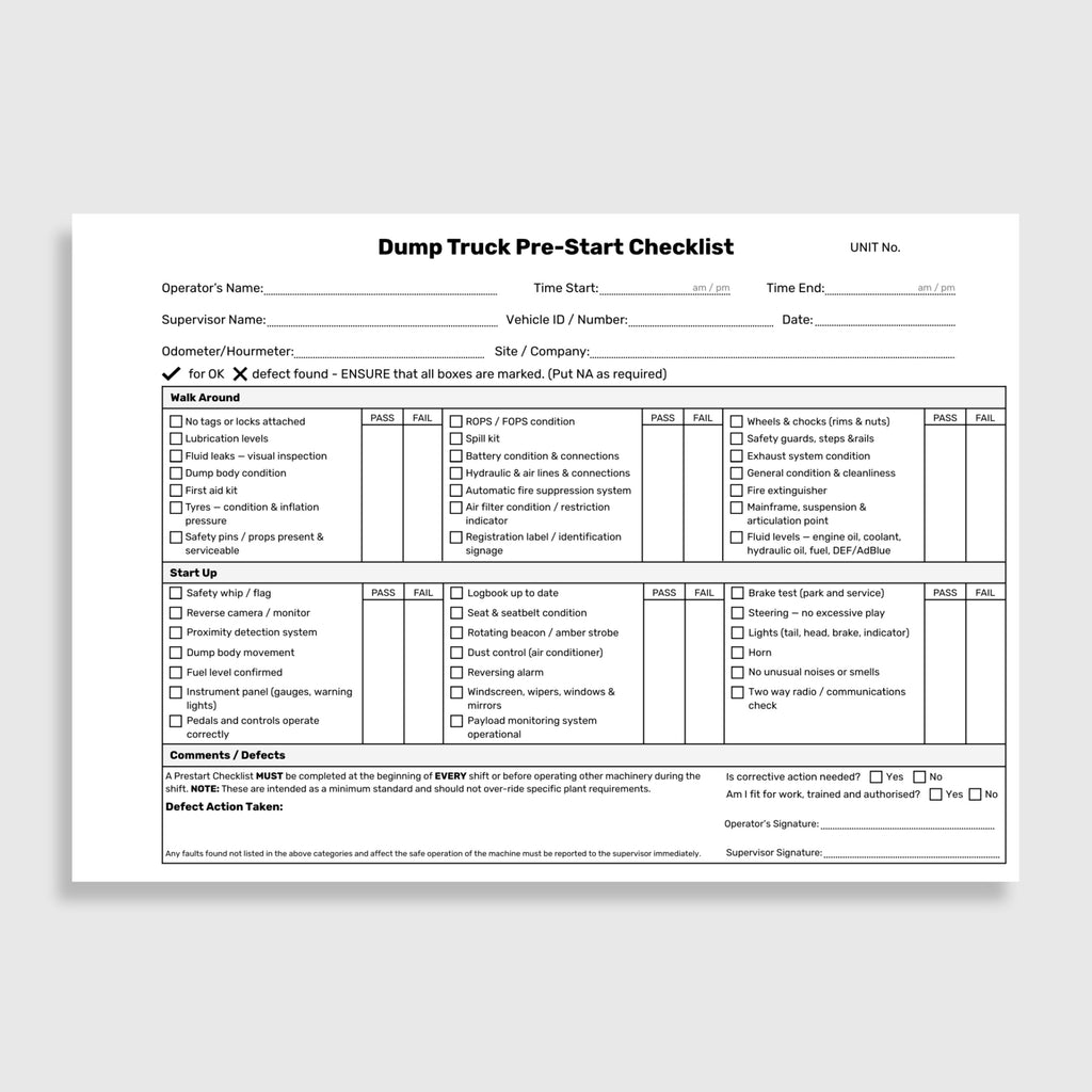 Internal page of the BSB 079 Dump Truck Pre-Start Checklist Book showing pass and fail check fields for walk around items including ROPS and FOPS condition, fluid leaks, tyres, battery, hydraulic and air lines, automatic fire suppression and registration signage, start up checks including reverse camera, proximity detection, dump body movement, rotating beacon, reversing alarm, brake test, steering, lights and two way radio, plus comments and defects section with operator and supervisor signature fields.