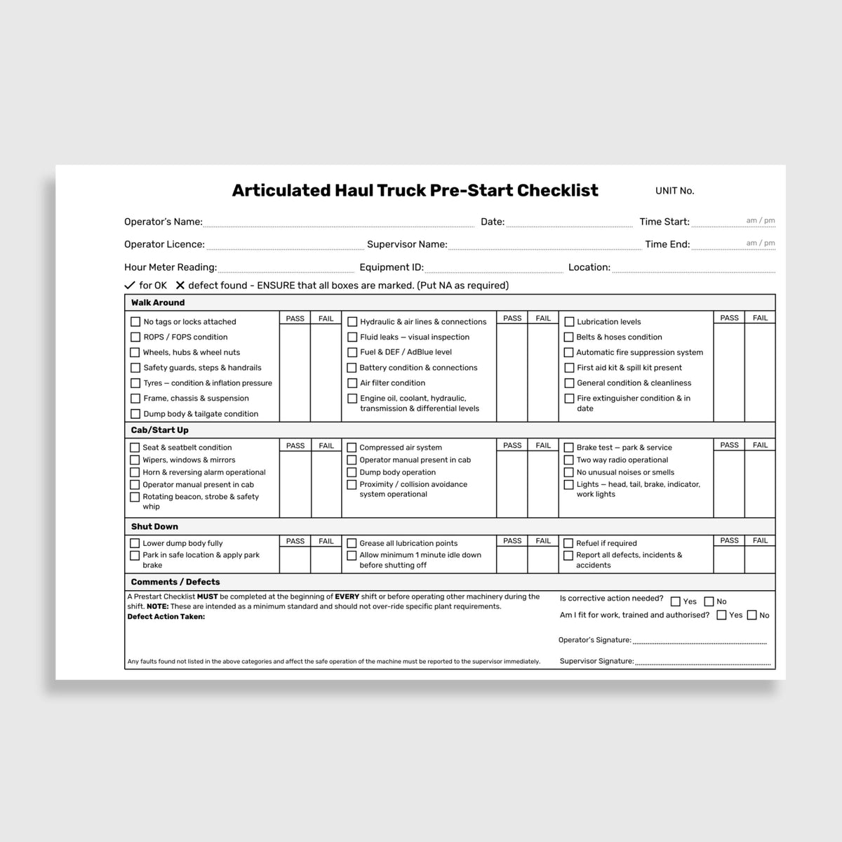 Internal page of the BSB 080 Articulated Haul Truck Pre-Start Checklist Book showing pass and fail check fields for walk around items including ROPS and FOPS condition, wheels and hubs, tyres, frame and chassis, hydraulic and air lines, fuel and DEF or AdBlue level, automatic fire suppression and fire extinguisher, cab and start up checks including seat and seatbelt, wipers, horn, rotating beacon, compressed air system, proximity and collision avoidance system, brake test, two way radio and lights, and shut