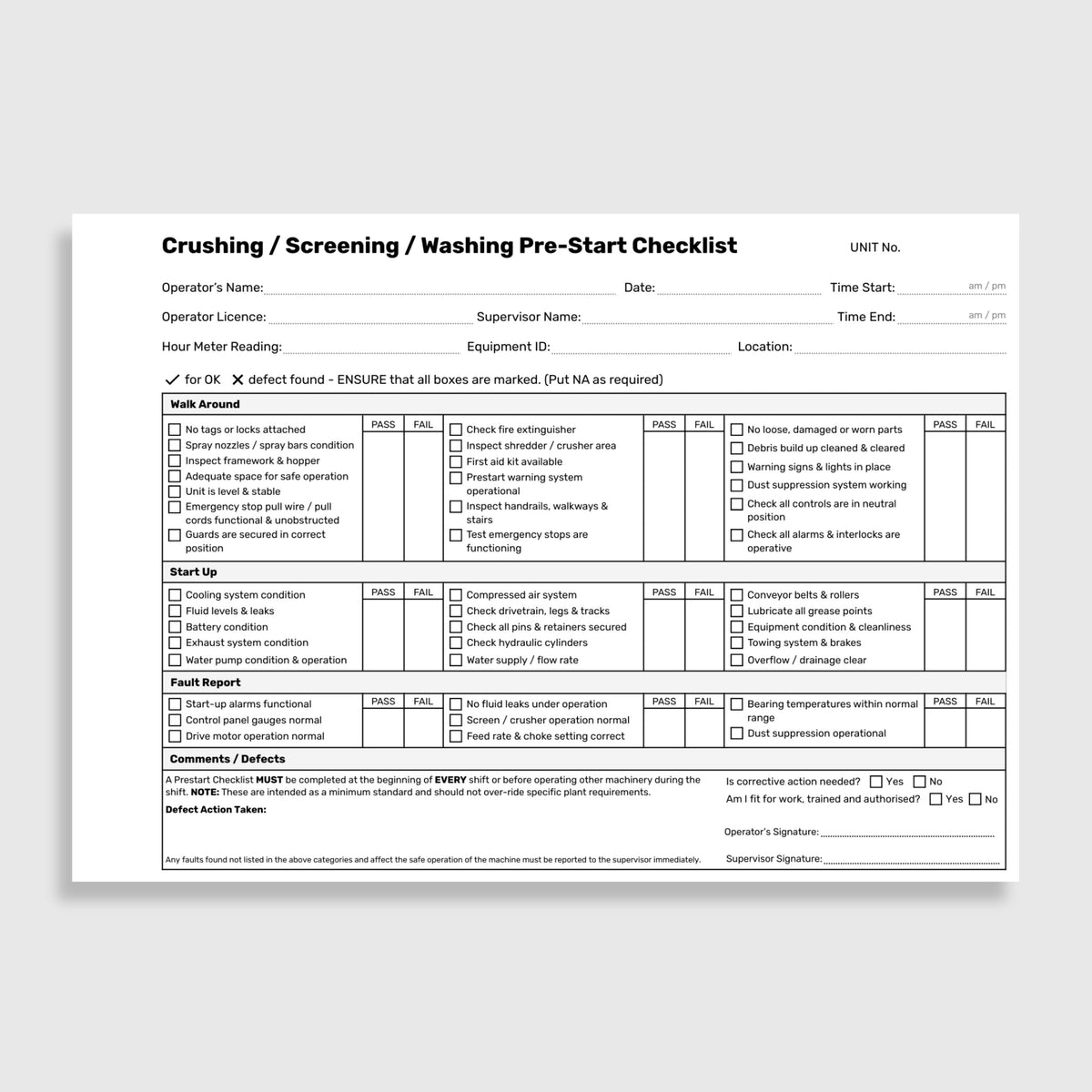 Internal page of the BSB 081 Crushing Screening and Washing Pre-Start Checklist Book showing pass and fail check fields for walk around items including emergency stop pull wires, guards, fire extinguisher, shredder and crusher area inspection, prestart warning system, handrails and walkways, dust suppression and alarms and interlocks, start up checks including cooling system, fluid levels, battery, exhaust, compressed air, drivetrain, hydraulic cylinders, water supply, conveyor belts and rollers and towing 