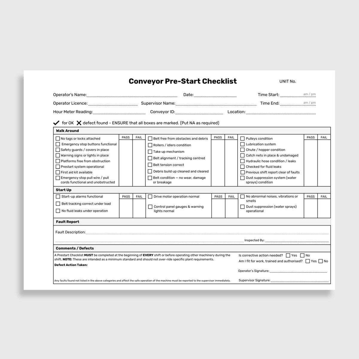 Internal page of the BSB 082 Conveyor Pre-Start Checklist Book showing pass and fail check fields for walk around items including emergency stop buttons, safety guards, platforms, prestart system, belt condition, rollers and idlers, belt alignment and tracking, pulleys, lubrication system, chute and hopper condition, catch nets, hydraulic hose condition, fluid leaks and dust suppression water sprays, start up checks including belt tracking under load, drive motor operation, control panel gauges and warning 