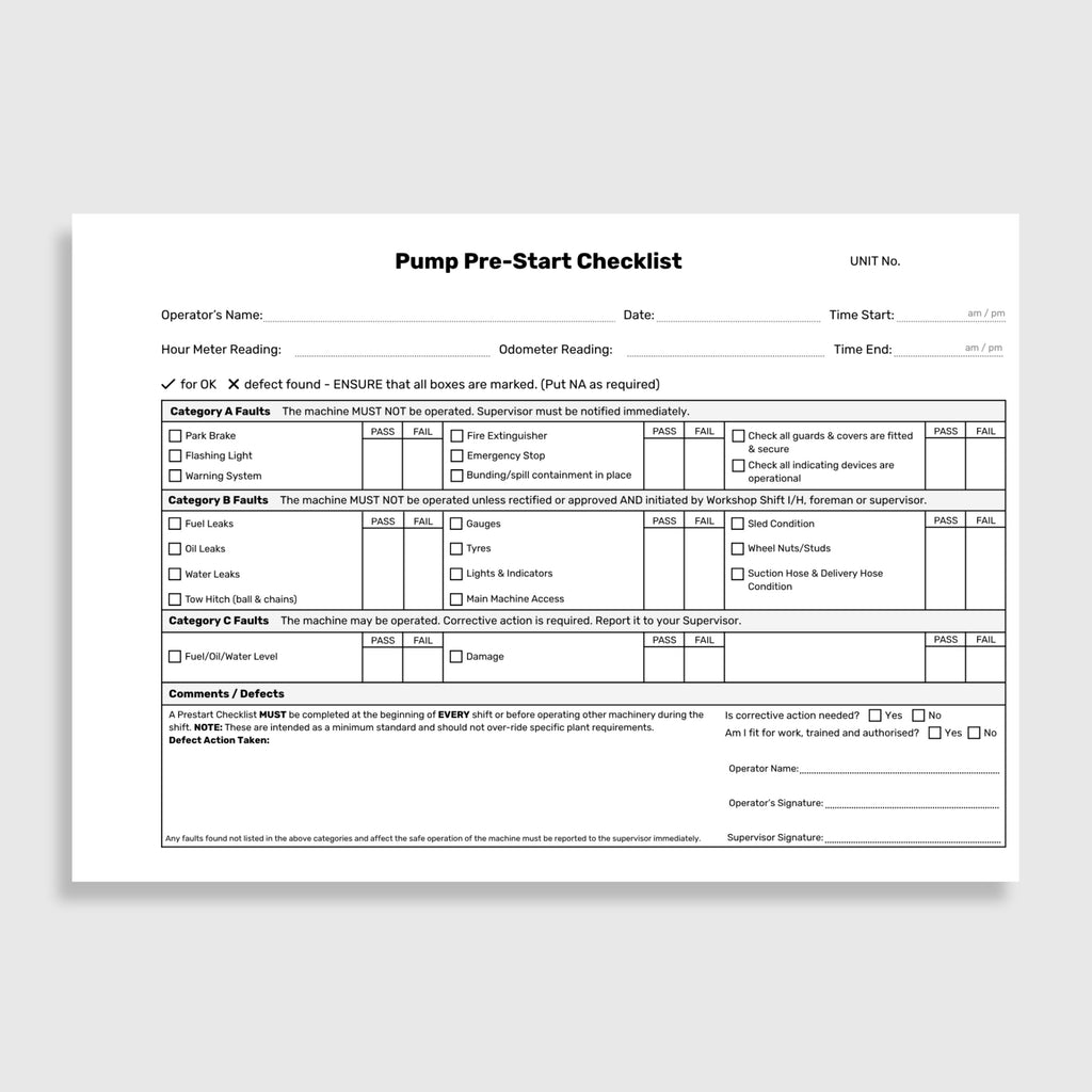 Internal page of the BSB 083 Pump Pre-Start Checklist Book showing Category A fault checks including park brake, flashing light, warning system, fire extinguisher, emergency stop, bunding and spill containment, guards and covers and indicating devices, Category B fault checks including fuel, oil and water leaks, tow hitch, gauges, tyres, lights and indicators, main machine access, sled condition, wheel nuts and studs and suction and delivery hose condition, Category C fault checks including fuel, oil and wa