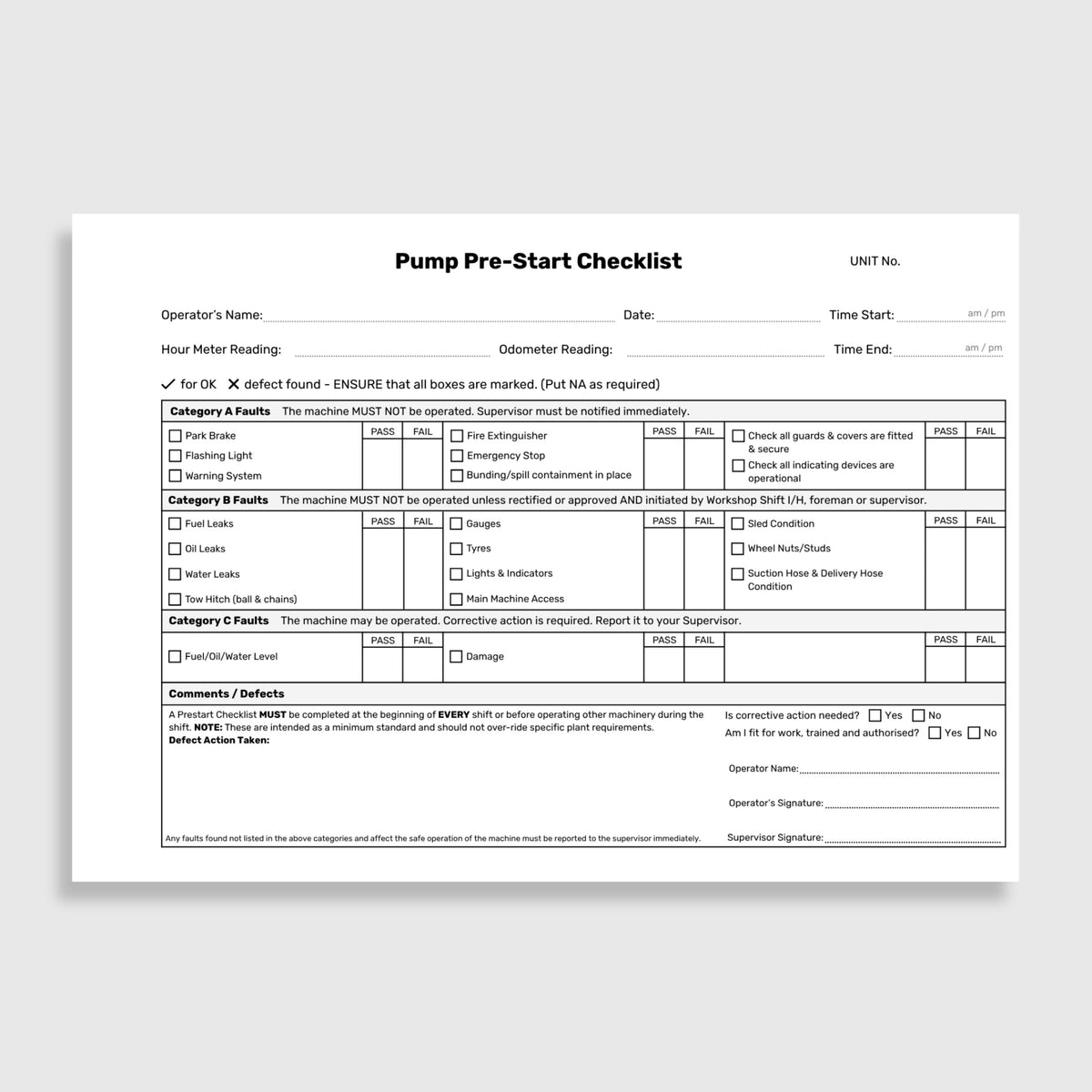 Internal page of the BSB 083 Pump Pre-Start Checklist Book showing Category A fault checks including park brake, flashing light, warning system, fire extinguisher, emergency stop, bunding and spill containment, guards and covers and indicating devices, Category B fault checks including fuel, oil and water leaks, tow hitch, gauges, tyres, lights and indicators, main machine access, sled condition, wheel nuts and studs and suction and delivery hose condition, Category C fault checks including fuel, oil and wa