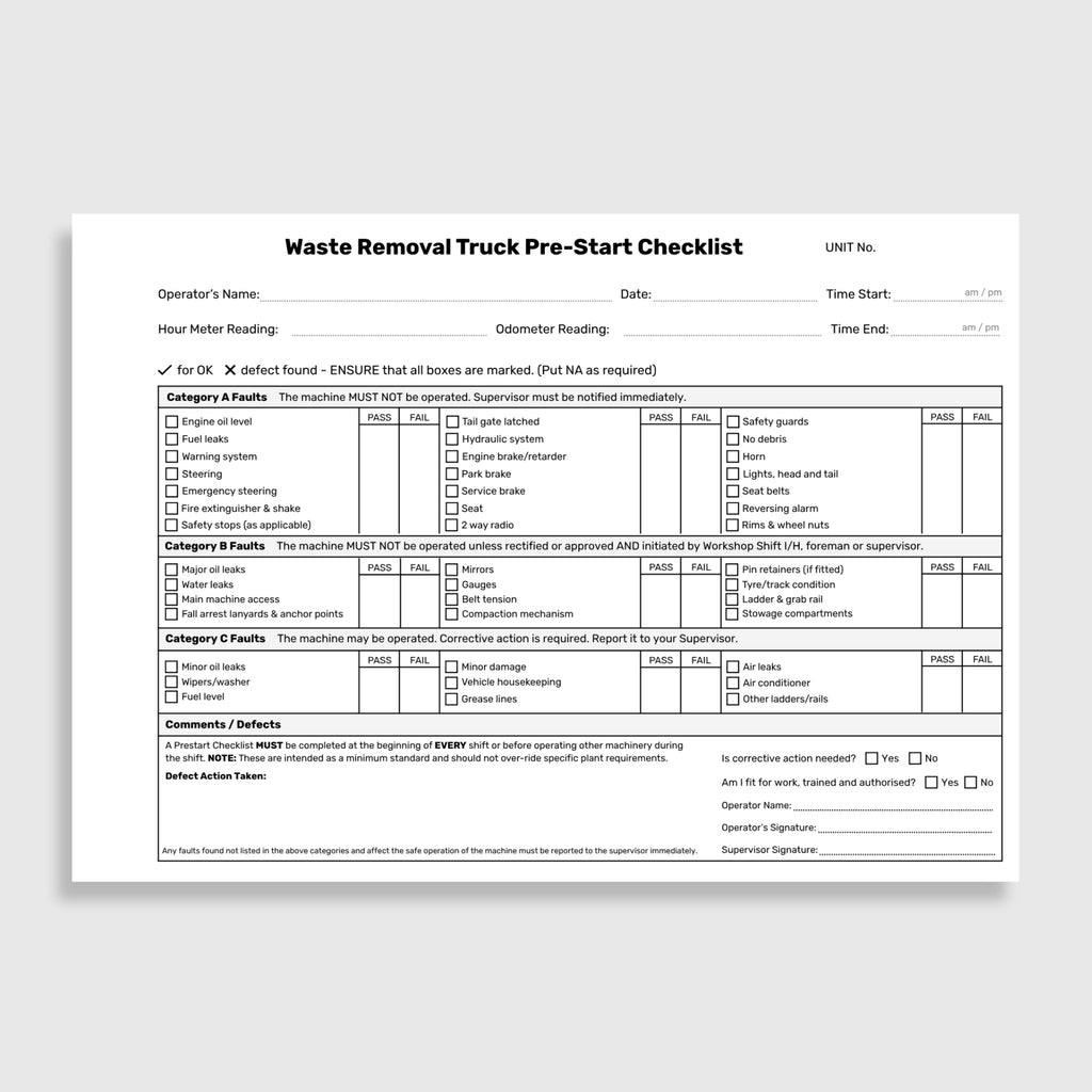 Internal page of the BSB 084 Waste Removal Truck Pre-Start Checklist Book showing Category A fault checks including engine oil level, fuel leaks, warning system, steering, emergency steering, fire extinguisher, safety stops, tail gate latched, hydraulic system, engine brake and retarder, park brake, service brake, seat, two way radio, safety guards, no debris, horn, lights, seat belts, reversing alarm and rims and wheel nuts, Category B fault checks including major oil leaks, water leaks, main machine acces