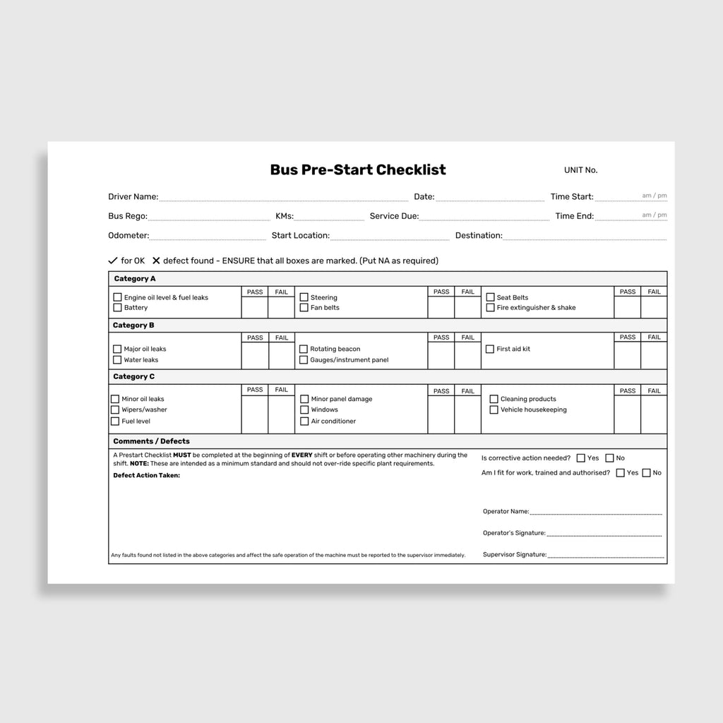 Internal page of the BSB 085 Bus Pre-Start Checklist Book showing driver name, bus rego, kilometres, service due, odometer, start location and destination fields, Category A fault checks including engine oil level and fuel leaks, battery, steering, fan belts, seat belts and fire extinguisher and shake, Category B fault checks including major oil leaks, water leaks, rotating beacon, gauges and instrument panel and first aid kit, Category C fault checks including minor oil leaks, wipers and washer, fuel level