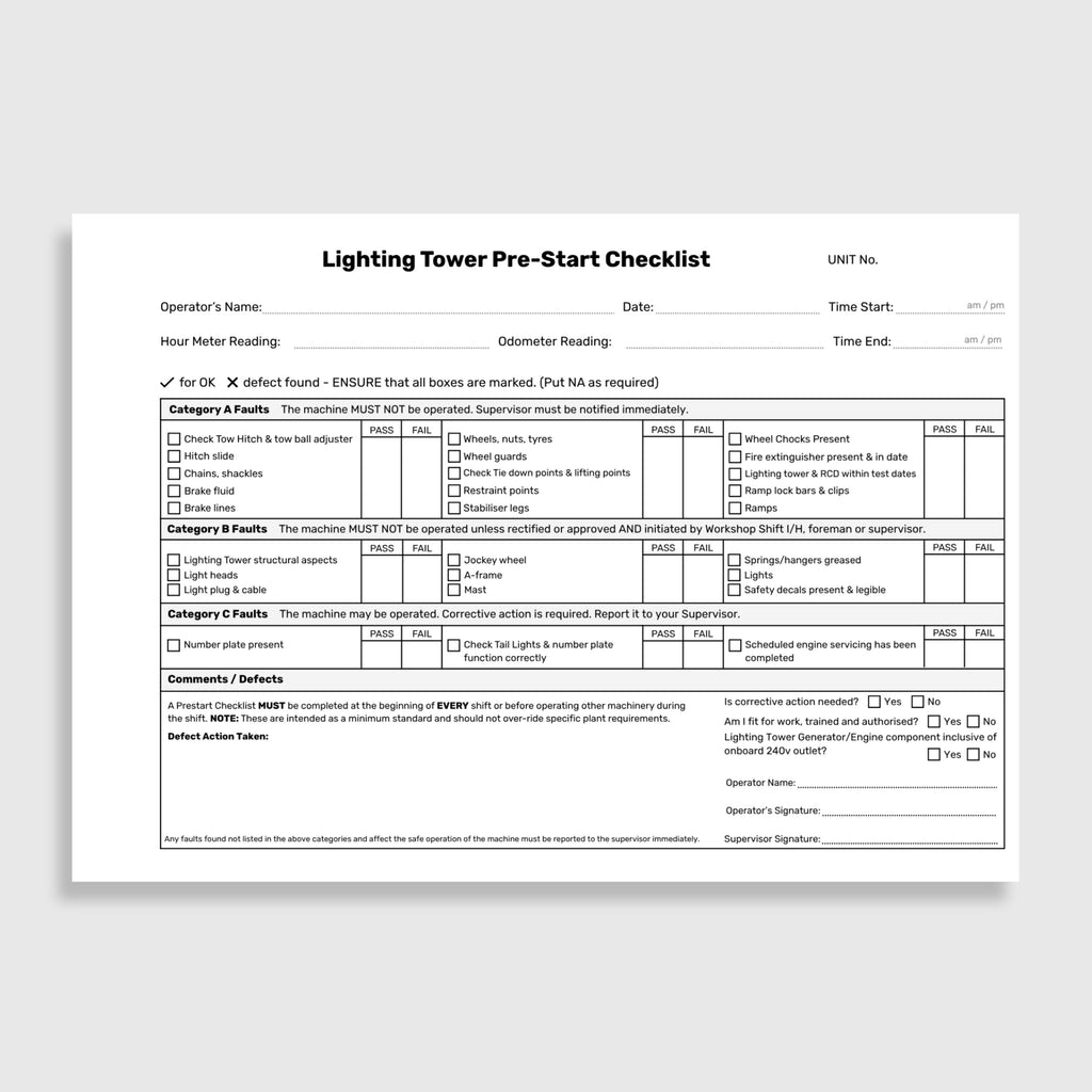 Internal page of the BSB 086 Lighting Tower Pre-Start Checklist Book showing Category A fault checks including tow hitch and tow ball adjuster, hitch slide, chains and shackles, brake fluid, brake lines, wheels, nuts and tyres, wheel guards, tie down points and lifting points, restraint points, stabiliser legs, wheel chocks, fire extinguisher in date, lighting tower and RCD within test dates, ramp lock bars and clips and ramps, Category B fault checks including lighting tower structural aspects, light heads