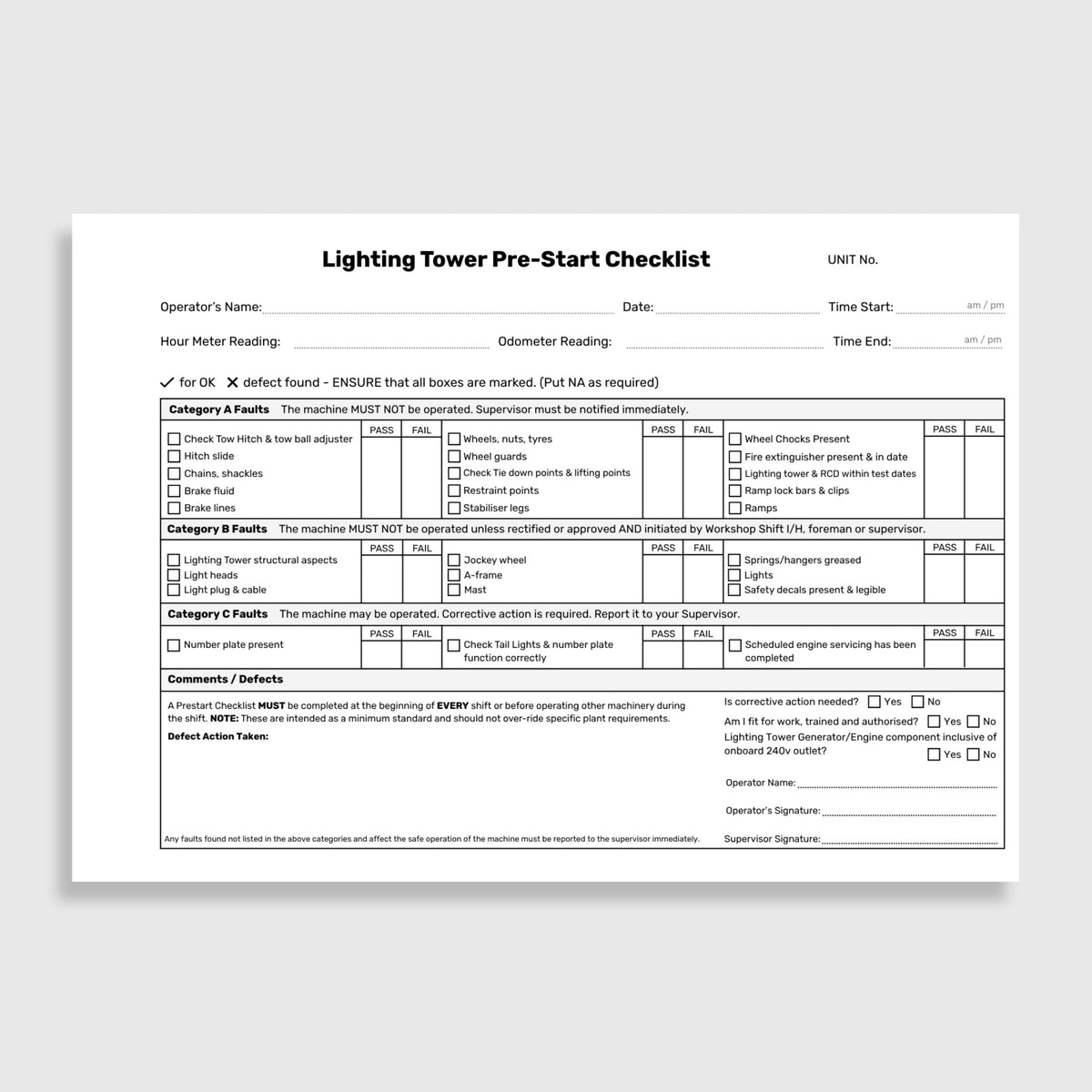 Internal page of the BSB 086 Lighting Tower Pre-Start Checklist Book showing Category A fault checks including tow hitch and tow ball adjuster, hitch slide, chains and shackles, brake fluid, brake lines, wheels, nuts and tyres, wheel guards, tie down points and lifting points, restraint points, stabiliser legs, wheel chocks, fire extinguisher in date, lighting tower and RCD within test dates, ramp lock bars and clips and ramps, Category B fault checks including lighting tower structural aspects, light heads