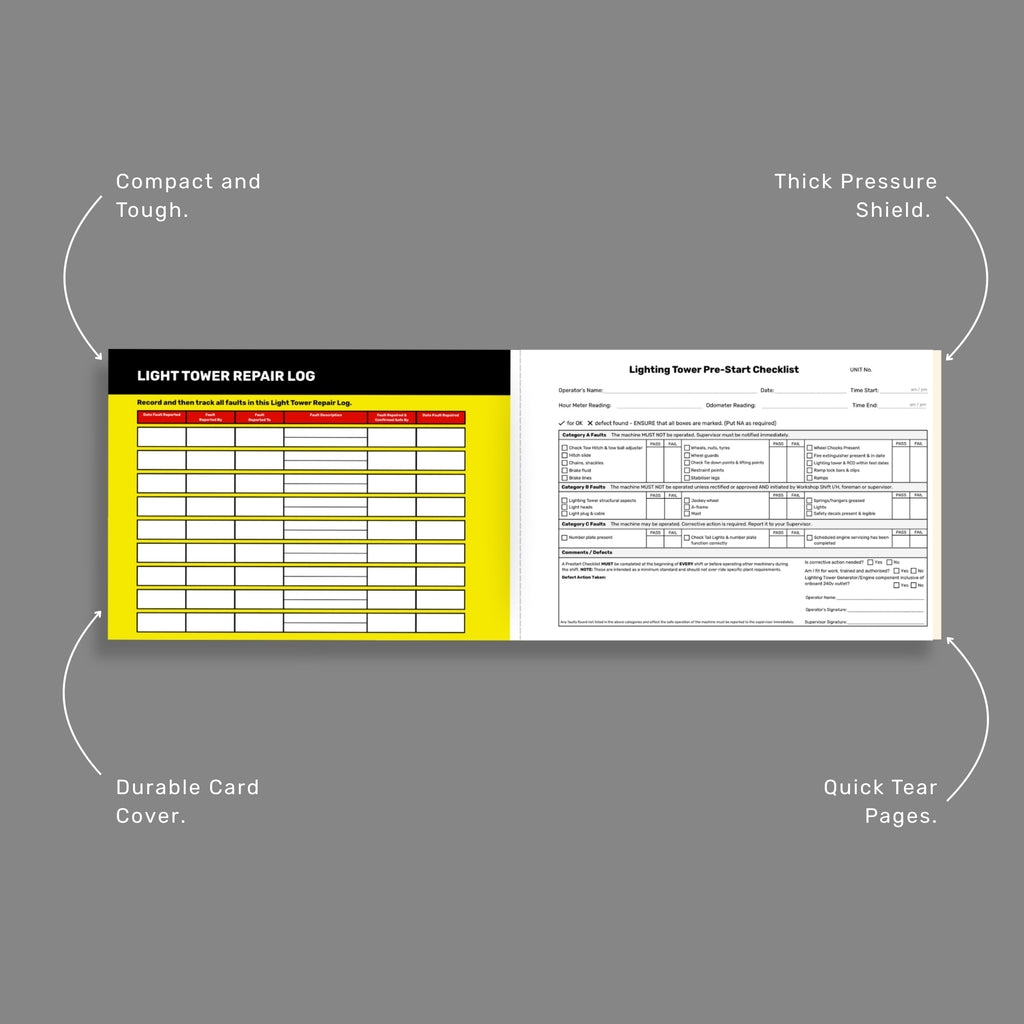 Open spread of the BSB 086 Lighting Tower Pre-Start Checklist Book showing the light tower repair log on the left and the pre-start checklist on the right, with callout labels highlighting compact and tough build, thick pressure shield, durable card cover and quick tear pages.